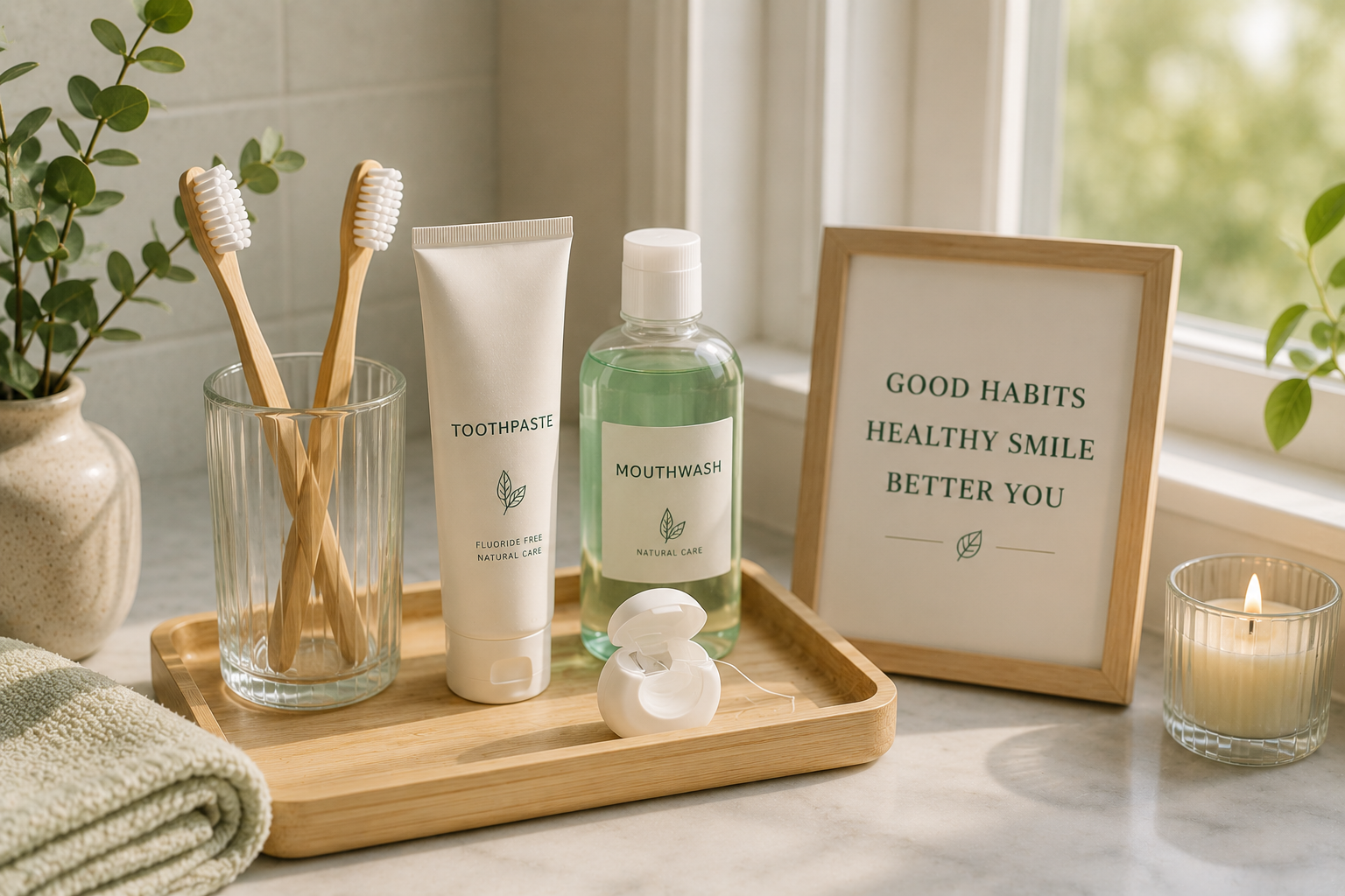 Healthy morning oral care products arranged in a minimalist wellness bathroom environment