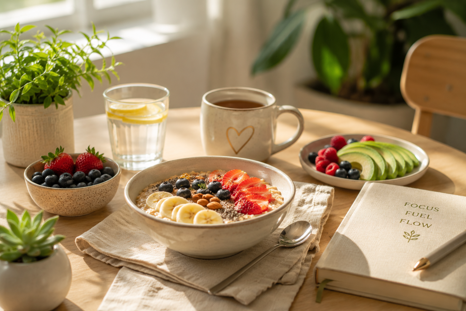 Healthy breakfast with oatmeal, fresh fruits, tea, and lemon water on a sunlit table in a wellness-inspired home.