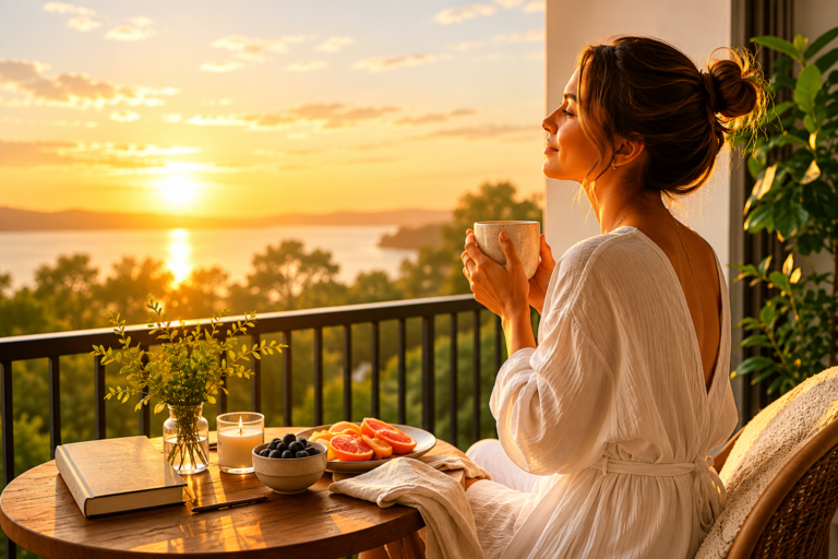 Woman enjoying a calm wellness morning routine with tea, healthy breakfast and natural sunlight on a balcony