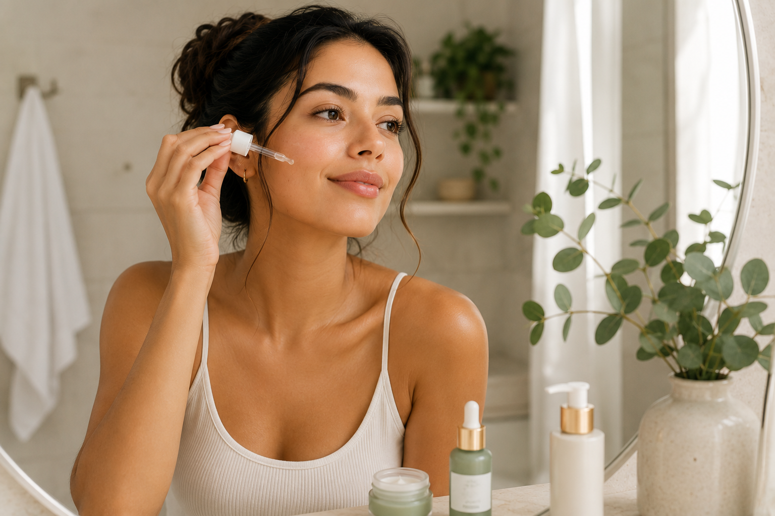 woman applying facial serum during a healthy skincare routine