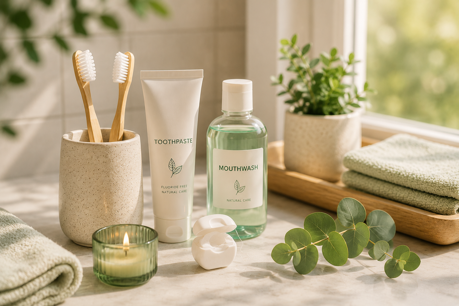 Healthy morning wellness aesthetic with natural oral care products, bamboo toothbrushes and calming self care environment