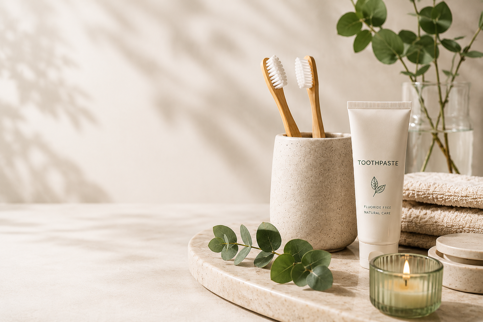 Minimal oral care routine banner with bamboo toothbrushes, natural toothpaste and wellness lifestyle aesthetic
