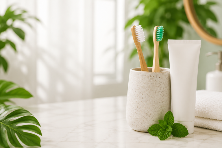 Minimal oral care wellness setup with bamboo toothbrushes, natural toothpaste and calming spa aesthetic