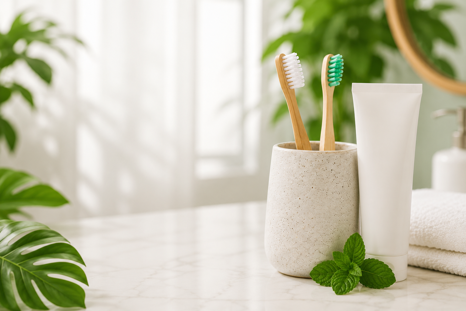 Minimal oral care wellness setup with bamboo toothbrushes, natural toothpaste and calming spa aesthetic