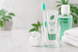 minimalist oral care products with toothbrush toothpaste and mouthwash in a wellness bathroom setup