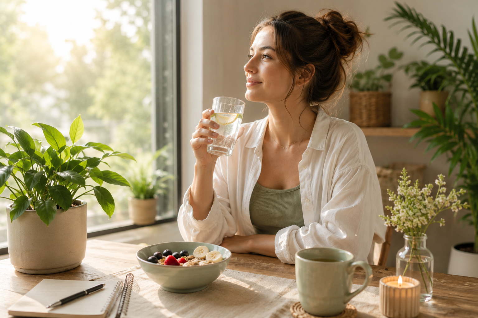 Woman enjoying a healthy morning routine with a glass of water, natural sunlight, and a nutritious breakfast in a bright wellness-inspired home.