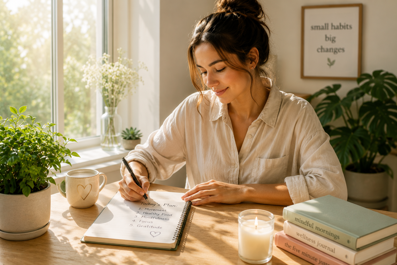 Woman writing in a journal near a sunlit window while practicing gratitude and planning her day in a peaceful wellness-inspired space.