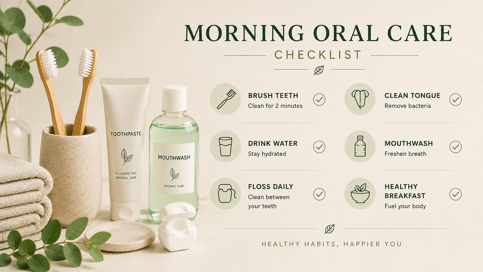 Morning oral care checklist with healthy daily habits, bamboo toothbrushes and minimalist wellness aesthetic