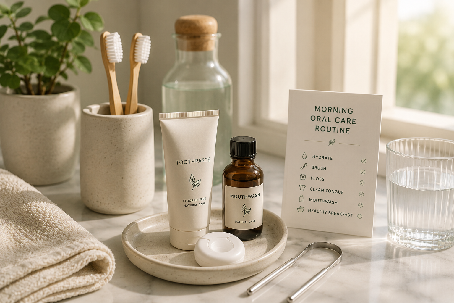 Minimal morning oral care setup with bamboo toothbrushes, natural toothpaste and healthy oral care checklist