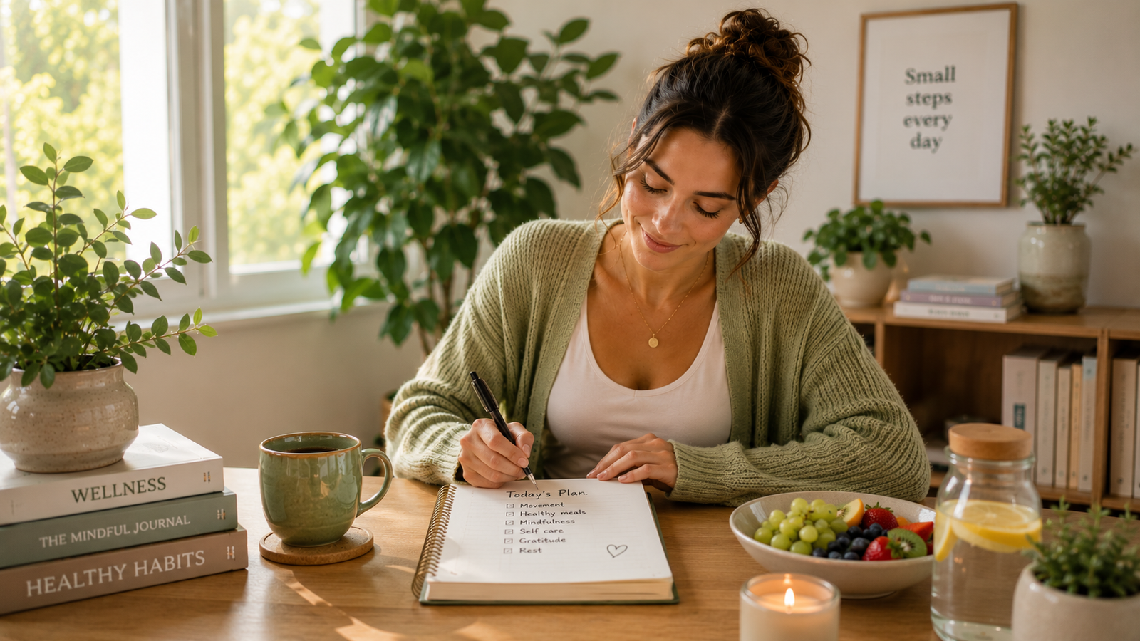 Woman creating a wellness plan in her journal while sitting at a bright table with healthy snacks, tea, and natural sunlight.