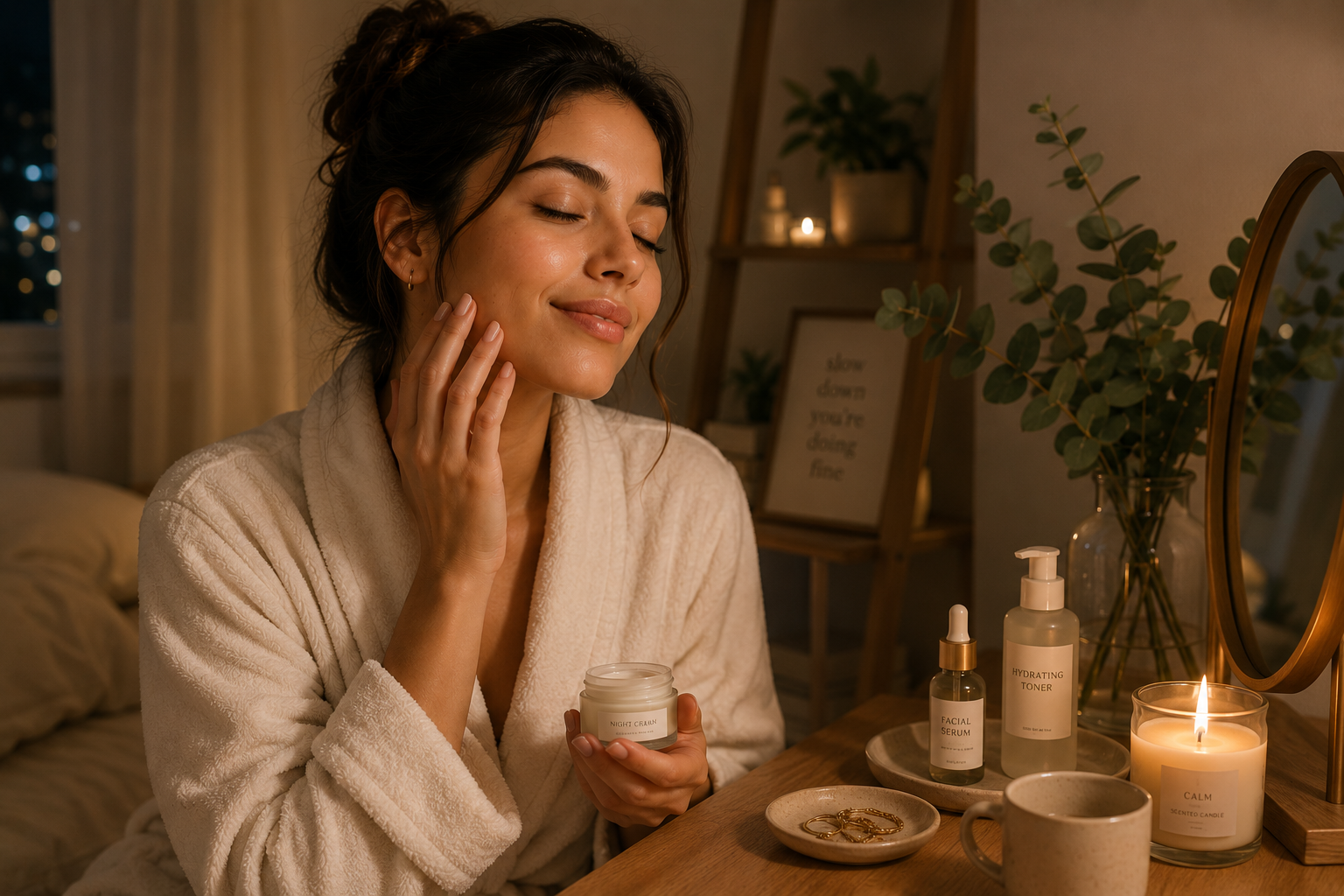 woman applying night cream during a relaxing skincare self care routine