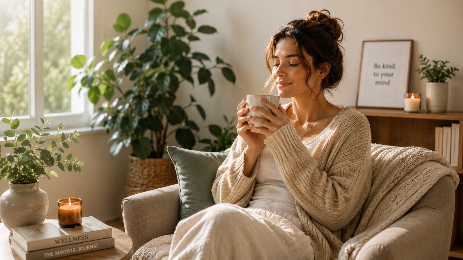 Woman relaxing with a warm cup of tea in a cozy living room surrounded by plants and natural sunlight, practicing self-care and mindfulness.