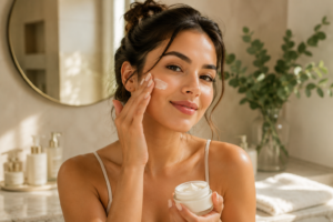 woman applying facial cream during a simple skincare routine