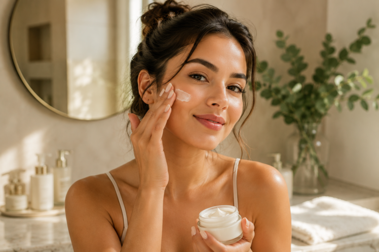 woman applying facial cream during a simple skincare routine