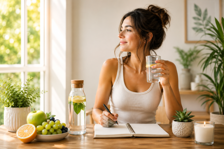 Woman sitting at a table in a bright home environment drinking water and journaling while surrounded by healthy foods and plants, representing healthy daily habits and overall wellbeing.