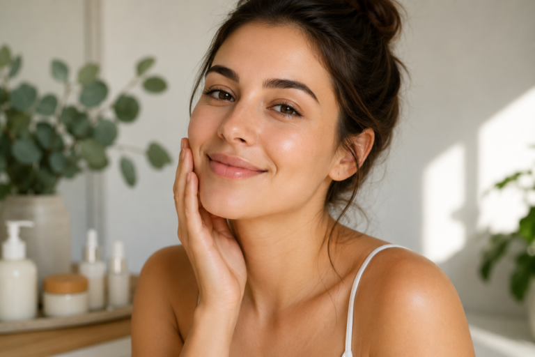 Woman with healthy glowing skin smiling in natural light surrounded by skincare products and plants in a bright and calming environment.