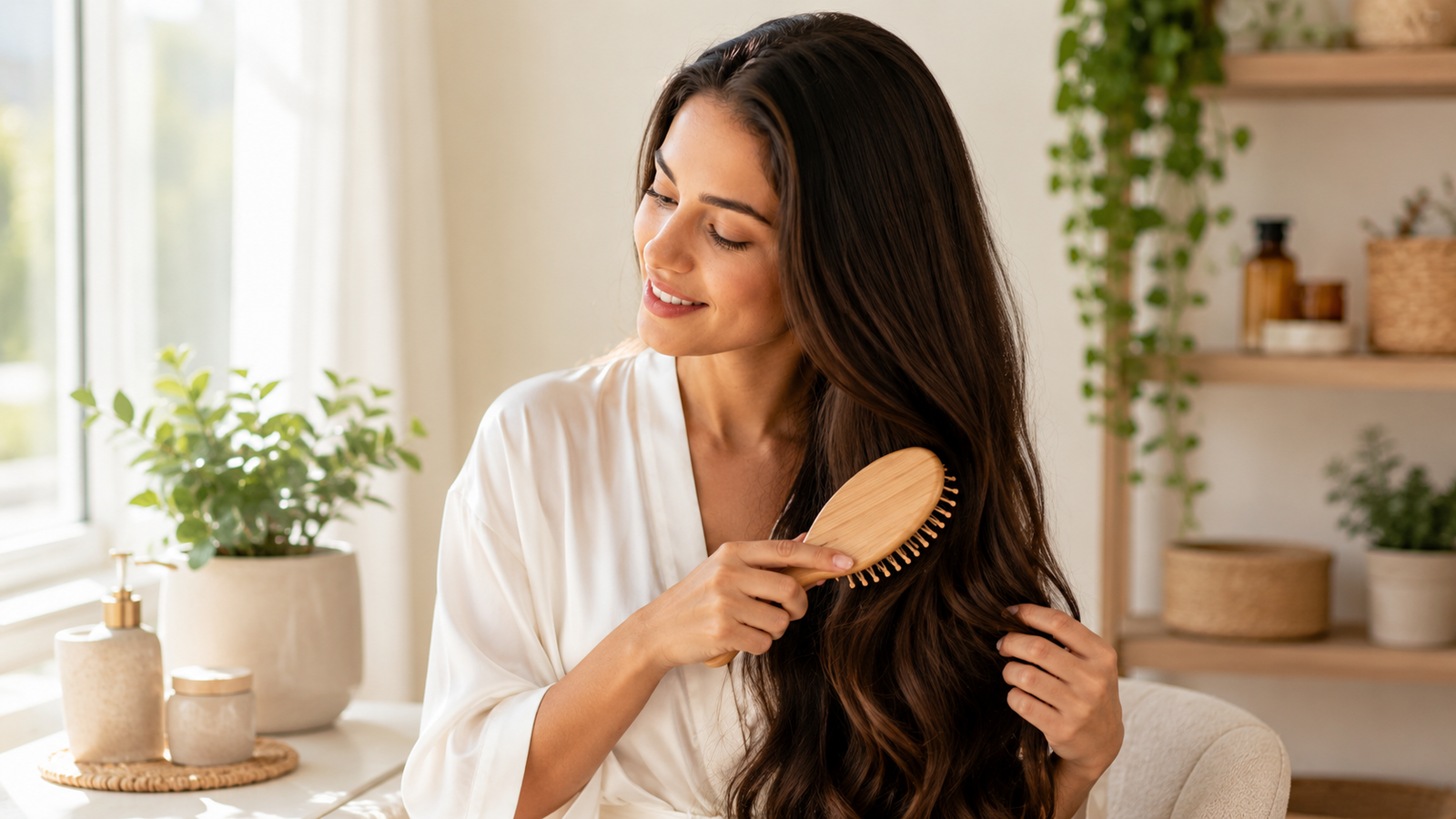 Woman brushing her long healthy hair as part of a daily hair care routine