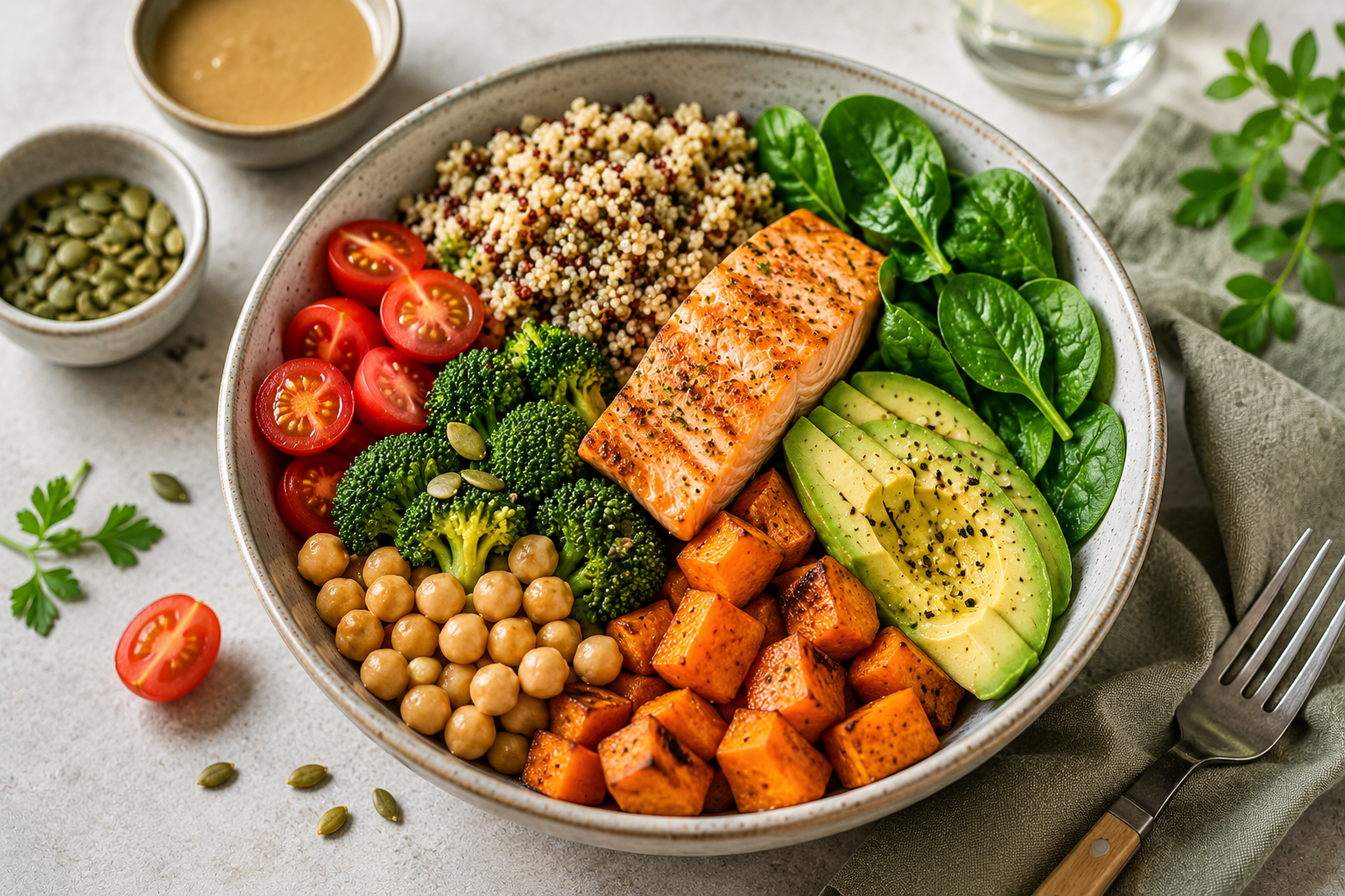 Balanced healthy meal with salmon, avocado, quinoa, chickpeas, vegetables, and leafy greens served in a bowl to support healthy eating and overall wellness.