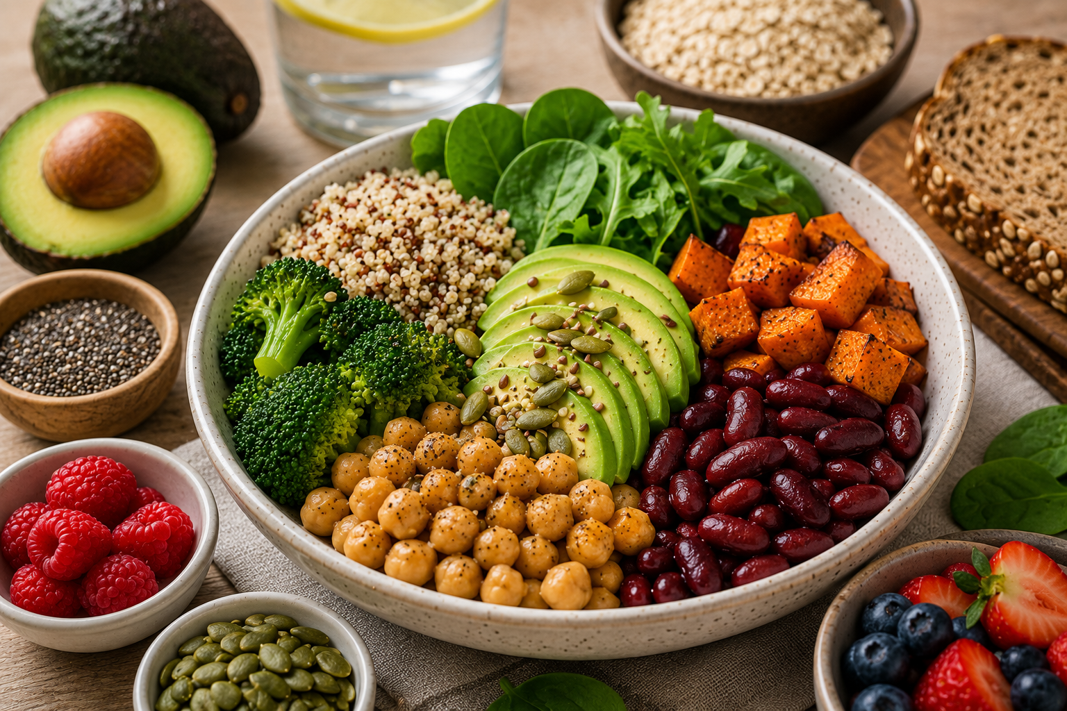 Balanced high fiber meal with quinoa, chickpeas, kidney beans, avocado, broccoli, sweet potatoes, leafy greens, seeds, and fresh berries for digestive health.