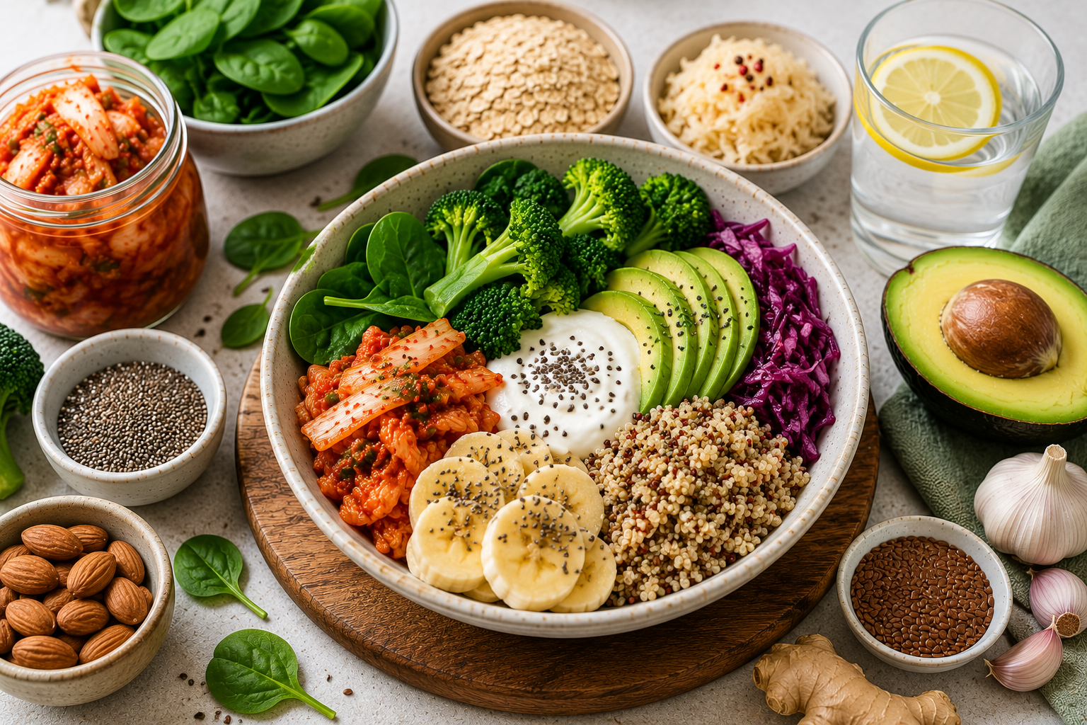 Balanced gut healthy meal with quinoa, yogurt, kimchi, avocado, broccoli, spinach, bananas, chia seeds, almonds, flax seeds, garlic, and fermented vegetables arranged in a nutritious bowl.
