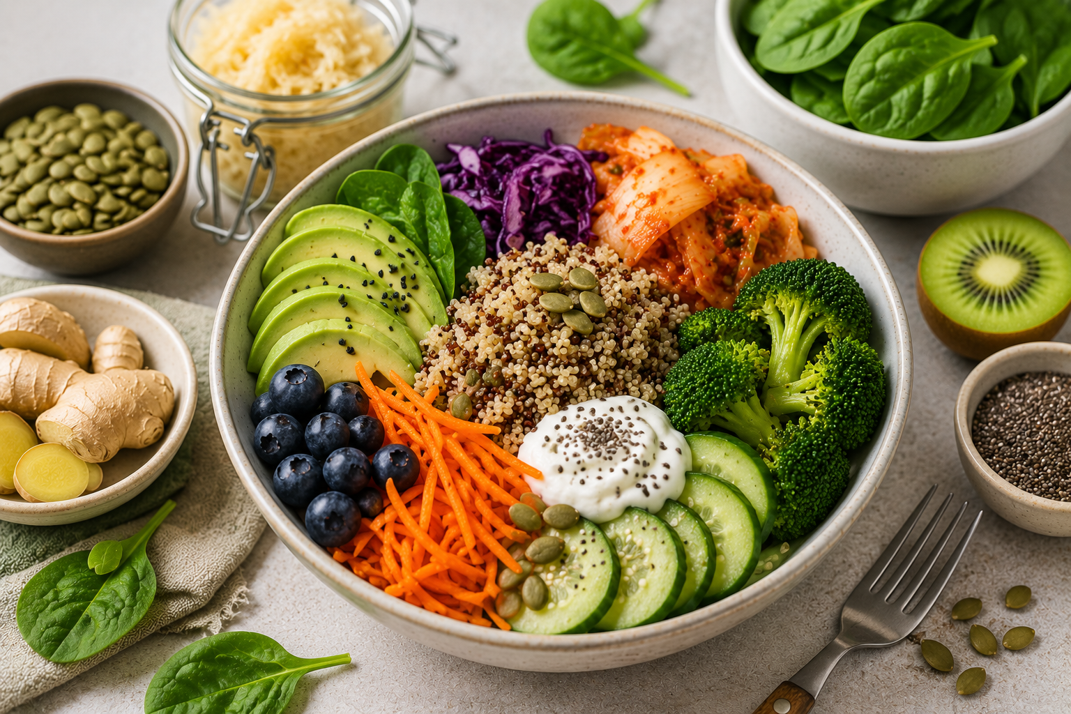 Balanced meal with quinoa, avocado, broccoli, yogurt, blueberries, cucumber, carrots, spinach, kimchi, and pumpkin seeds designed to support healthy digestion and gut wellness.
