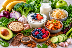 A variety of gut healthy foods including yogurt, kimchi, sauerkraut, bananas, oats, spinach, avocado, broccoli, garlic, onions, and chia seeds arranged on a table.