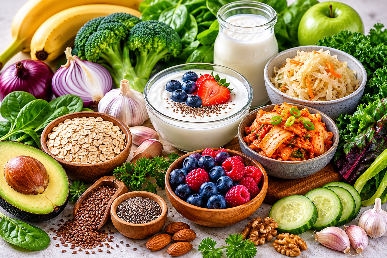 A variety of gut healthy foods including yogurt, kimchi, sauerkraut, bananas, oats, spinach, avocado, broccoli, garlic, onions, and chia seeds arranged on a table.