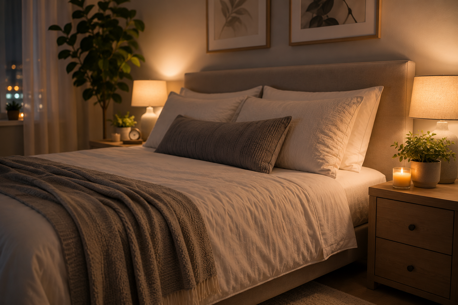 Cozy bedroom with comfortable bedding, soft lighting, plants, candles, and a relaxing atmosphere designed to support healthy sleep habits.