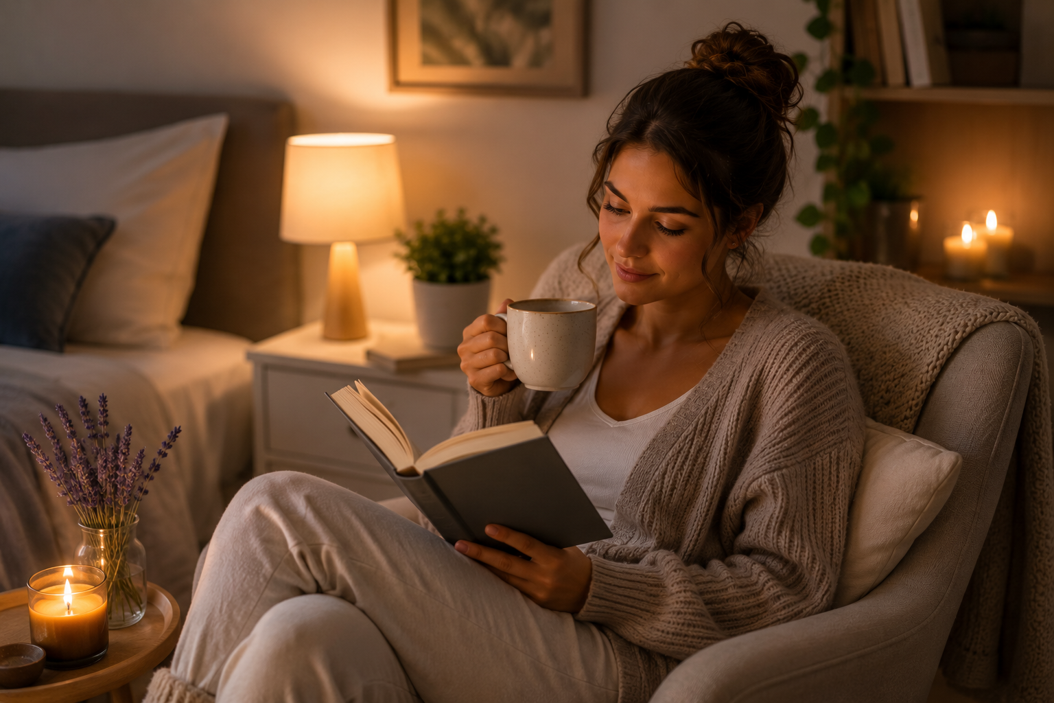 Woman reading a book and enjoying a warm drink in a cozy chair with soft lighting, candles, and a peaceful bedtime atmosphere.