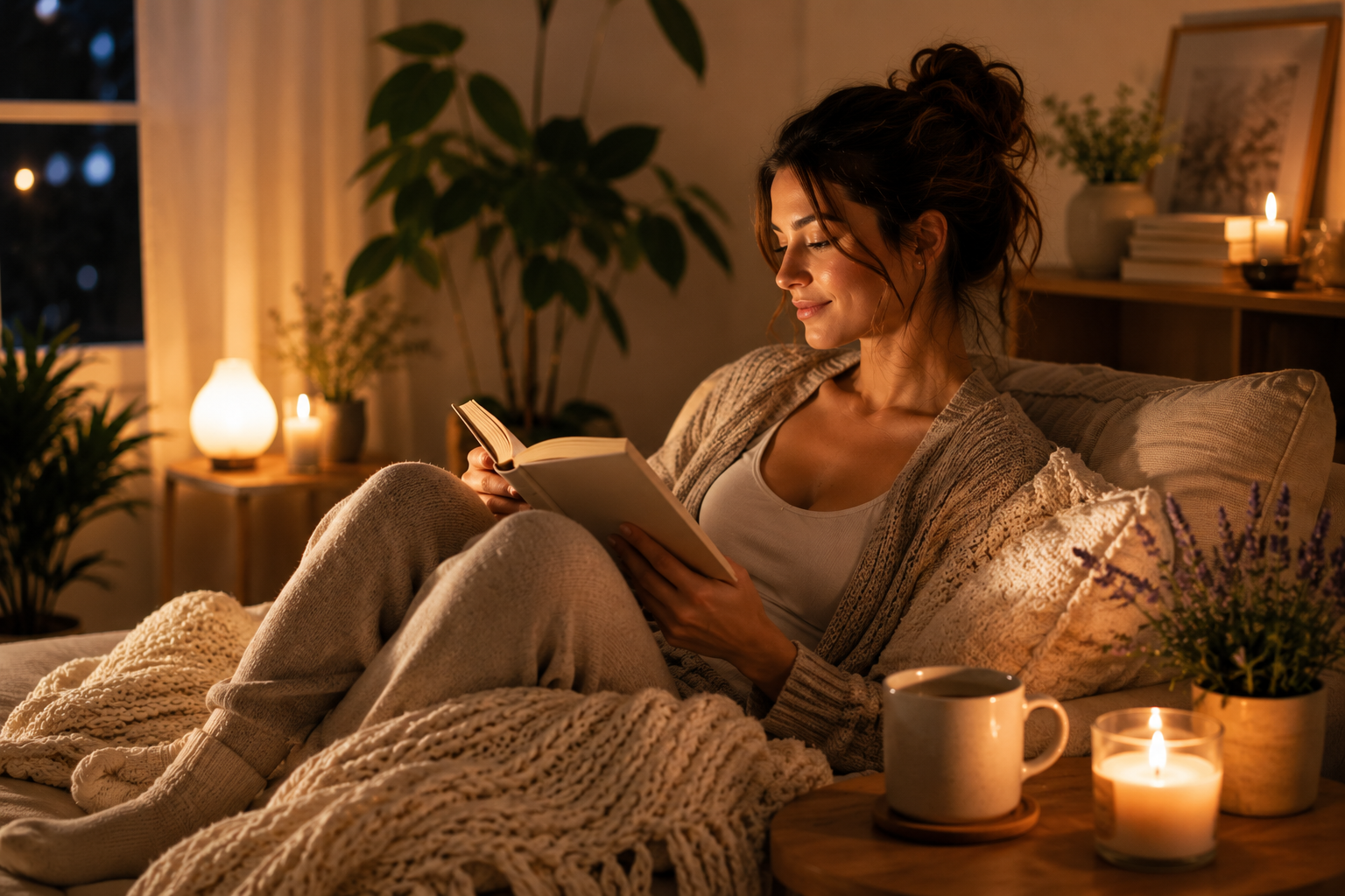 Woman relaxing at home in the evening while reading a book, surrounded by candles, soft lighting, cozy blankets, and a peaceful self care atmosphere.