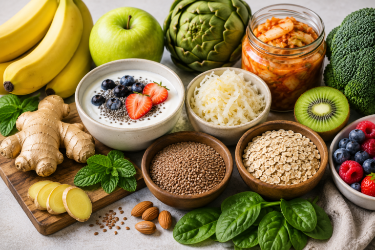 Healthy foods that support digestion including yogurt, berries, oats, ginger, spinach, broccoli, bananas, kiwi, fermented vegetables, and flax seeds arranged on a table.