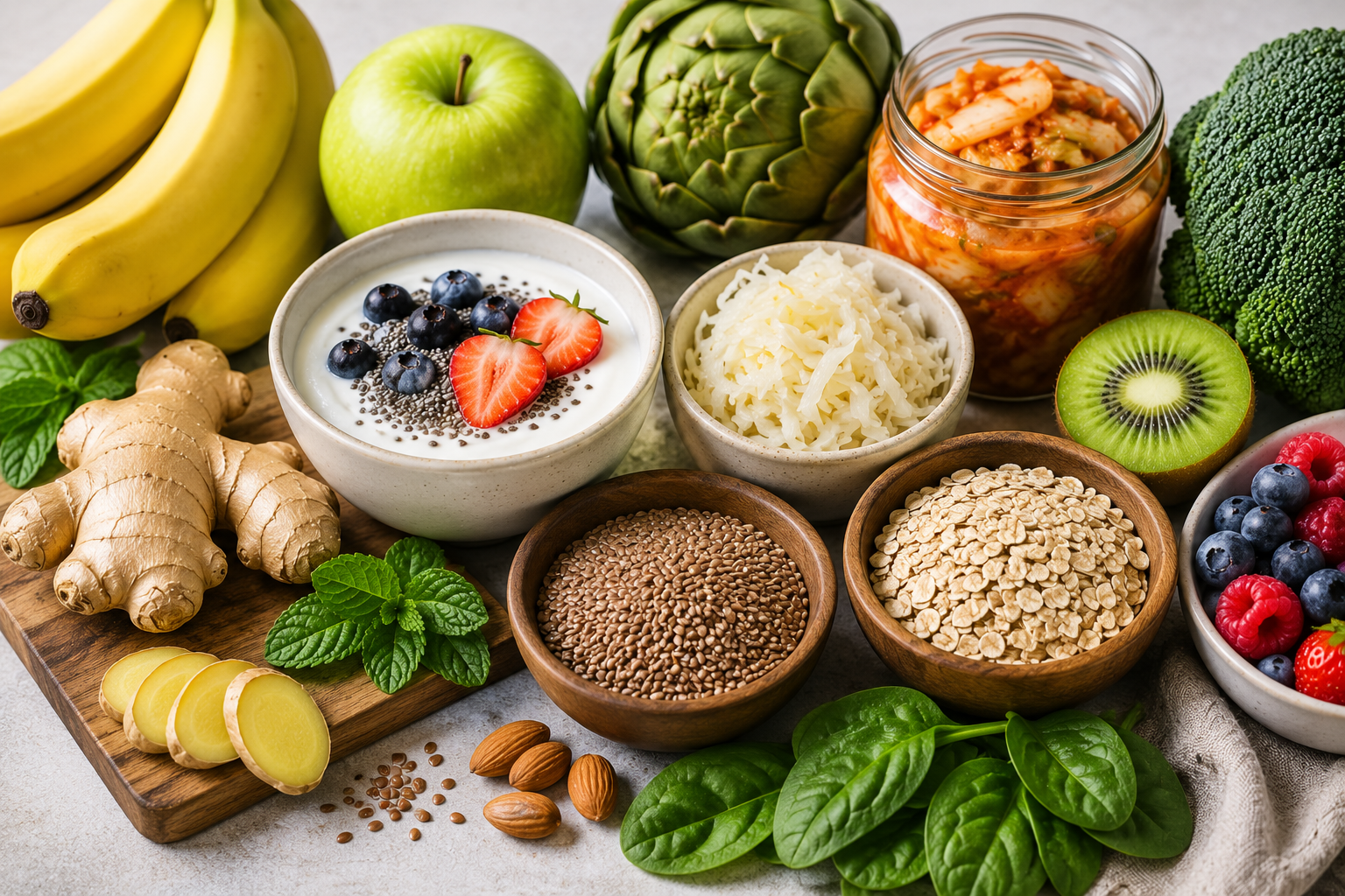 Healthy foods that support digestion including yogurt, berries, oats, ginger, spinach, broccoli, bananas, kiwi, fermented vegetables, and flax seeds arranged on a table.