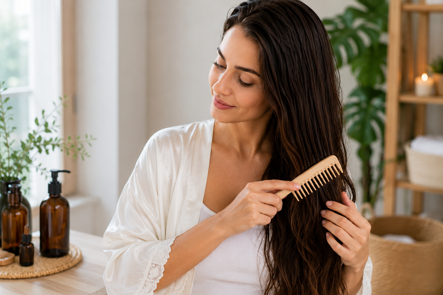 Woman gently brushing wet hair with a wide-tooth comb during a healthy hair care routine