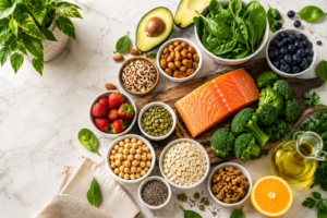 Healthy foods including salmon, avocado, spinach, berries, broccoli, nuts, seeds and whole grains arranged on a table to support overall wellness and healthy nutrition.