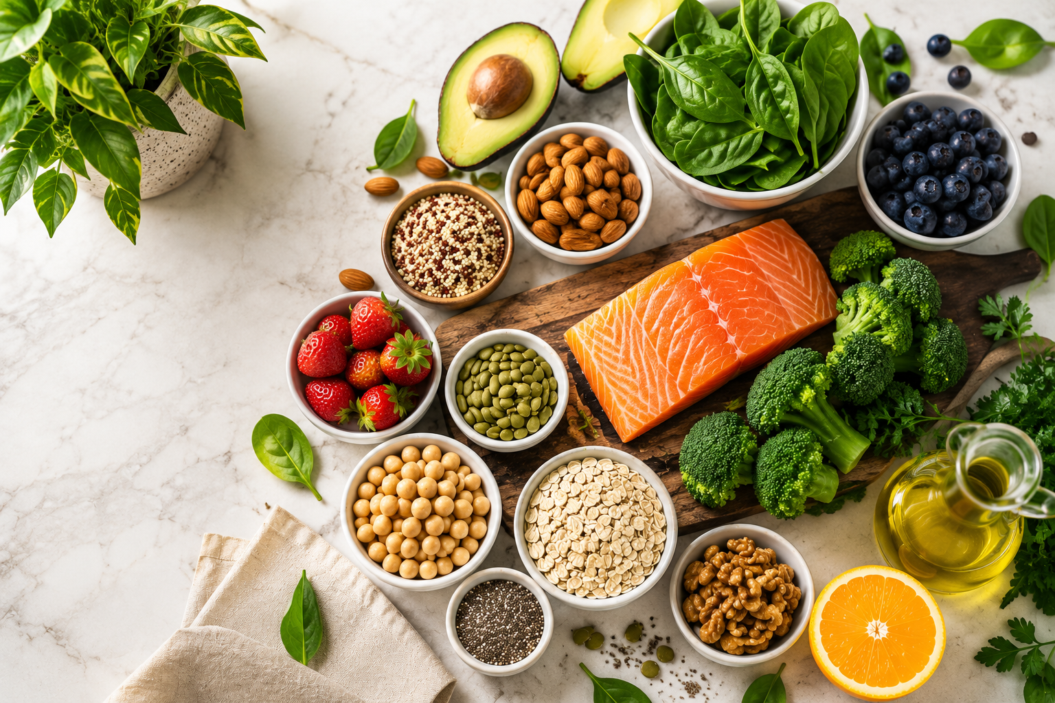 Healthy foods including salmon, avocado, spinach, berries, broccoli, nuts, seeds and whole grains arranged on a table to support overall wellness and healthy nutrition.