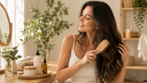 Woman brushing long healthy hair in a bright natural bathroom with hair care products and a wellness inspired self care environment.