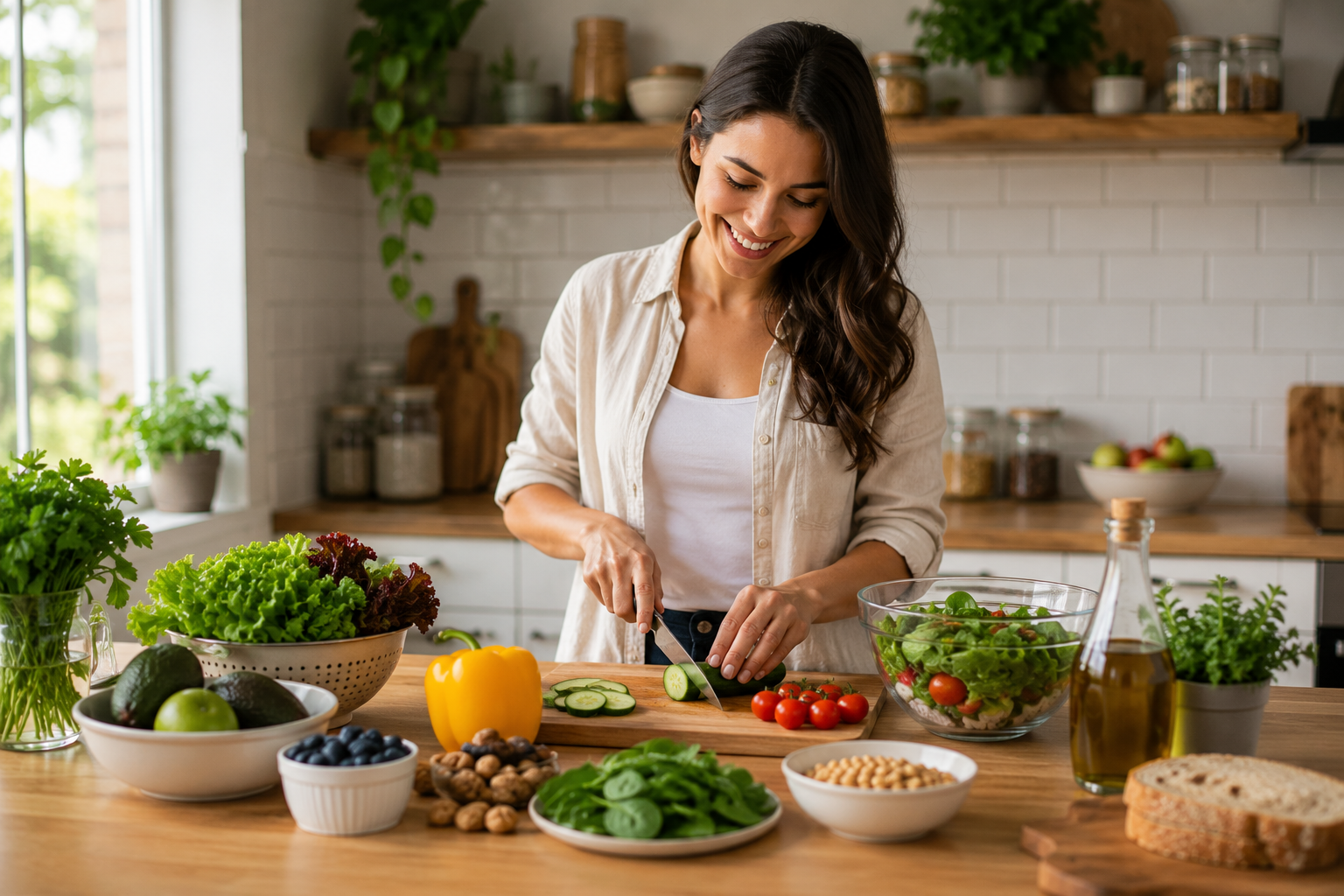 Woman preparing a healthy meal with fresh vegetables and nutritious ingredients in a bright kitchen to support healthy eating habits and overall wellness.