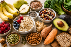 A variety of high fiber foods including oats, pears, bananas, beans, broccoli, spinach, avocado, sweet potatoes, chia seeds, flax seeds, almonds, raspberries, and whole grain bread arranged on a table.