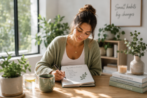 Woman planning her wellness routine in a journal while sitting at a sunlit table surrounded by plants in a calm and cozy home environment.