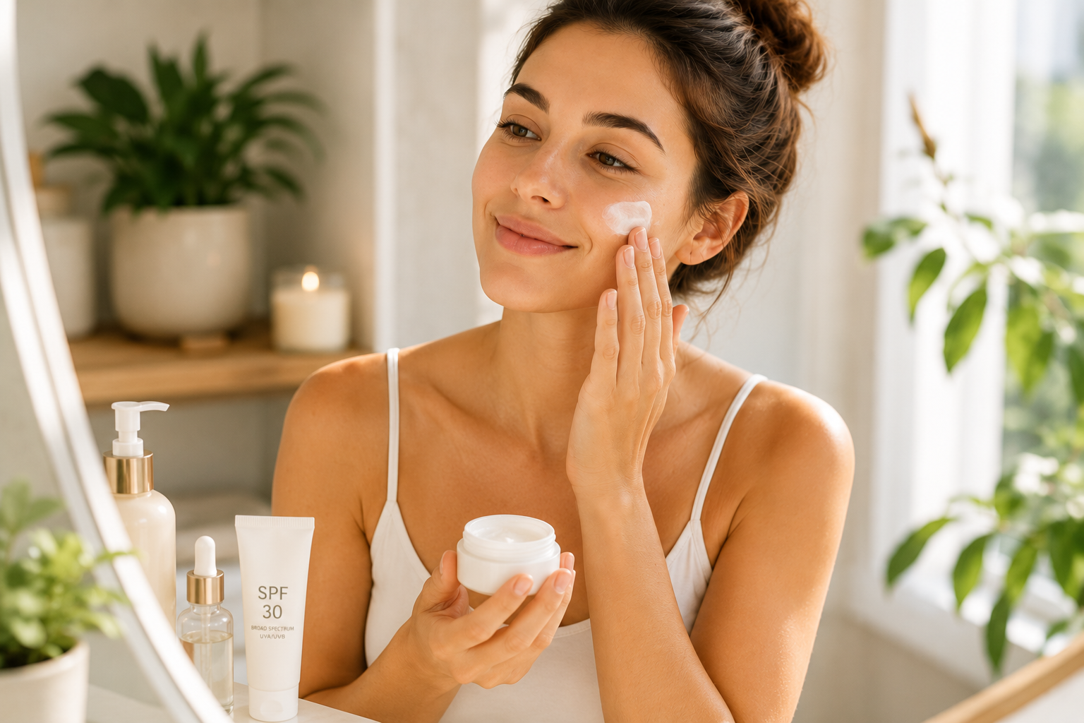 Woman applying moisturizer in front of a mirror with skincare products and sunscreen on a bathroom counter in natural light.