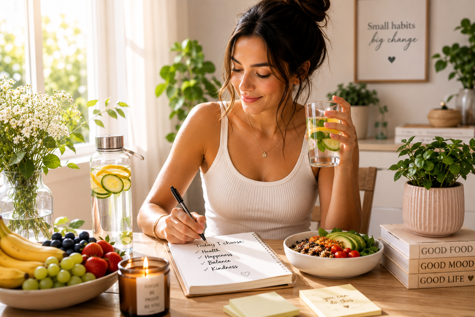 Woman drinking water and planning her day at a wooden table surrounded by healthy foods, plants, and a wellness-focused environment that promotes healthy daily habits.