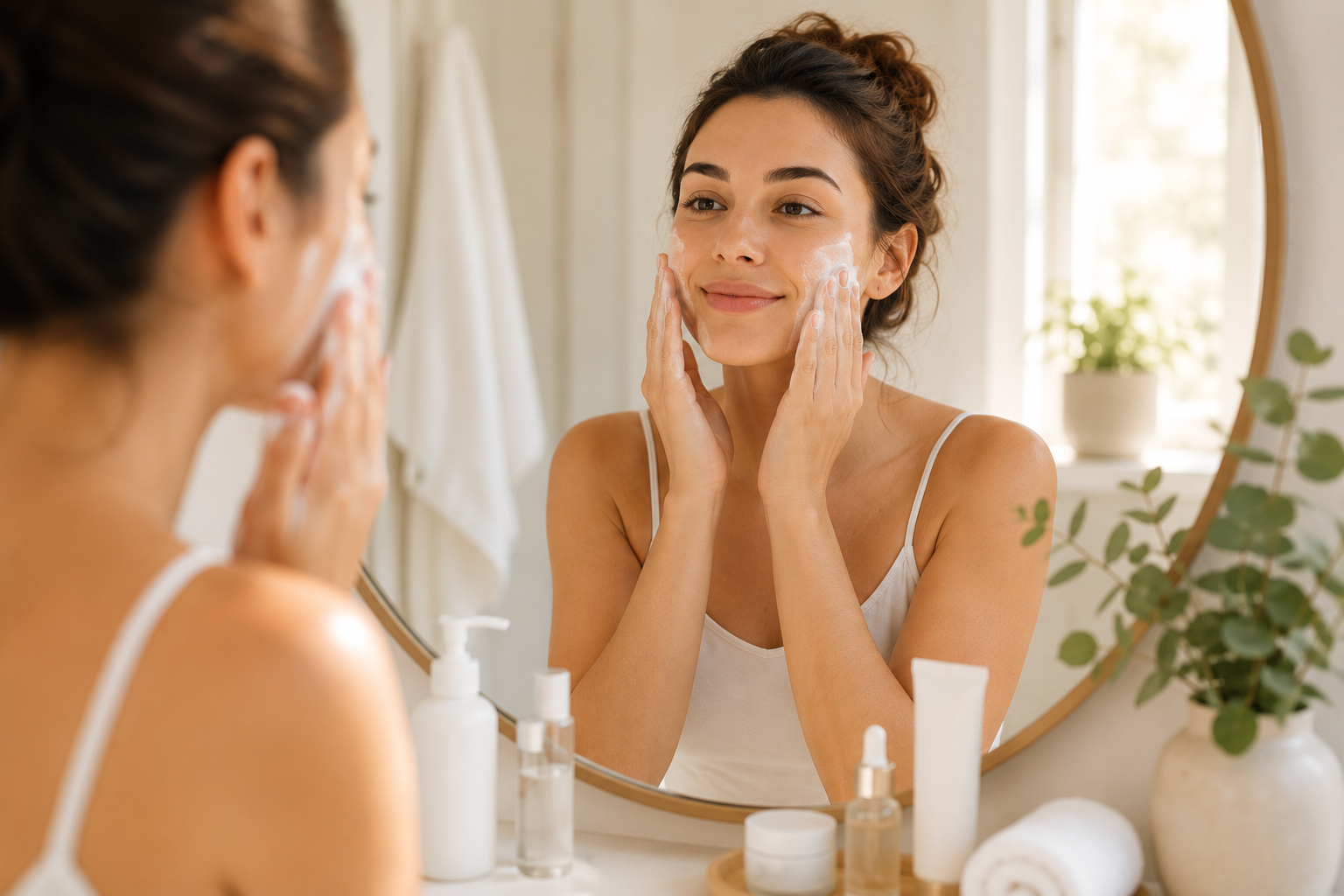 Woman applying facial cleanser while looking in a bathroom mirror during a morning skincare routine in a bright and relaxing environment.