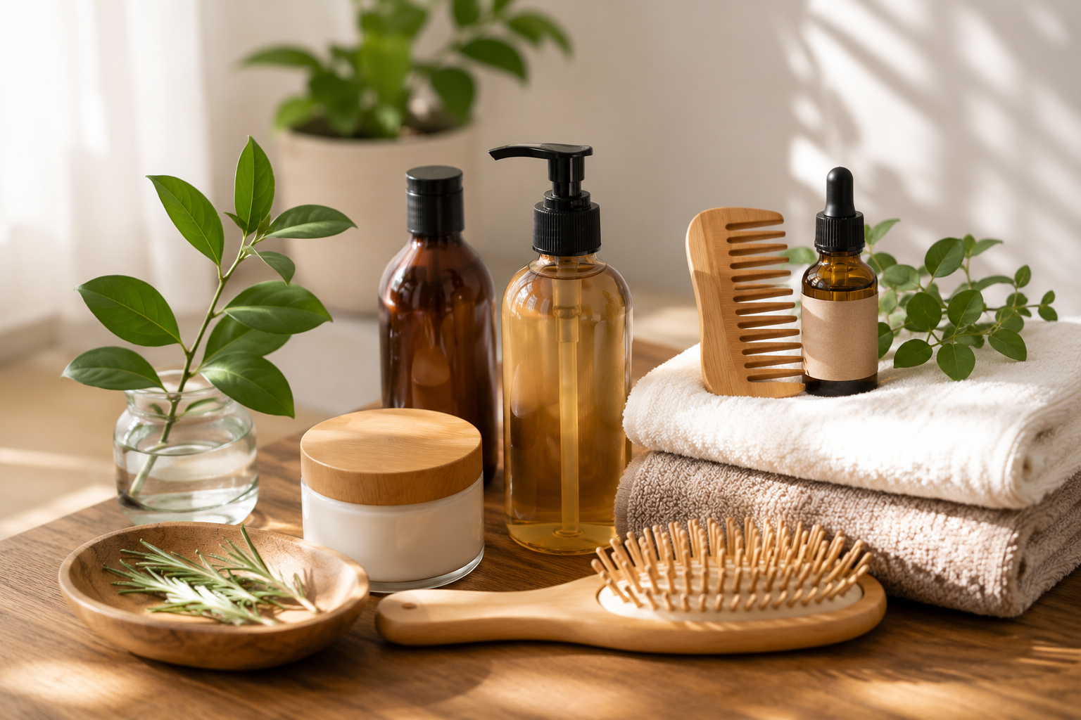 Natural hair care products arranged on a wooden table with towels, wooden comb, hair brush, essential oil bottles and green plants in a wellness inspired setting.