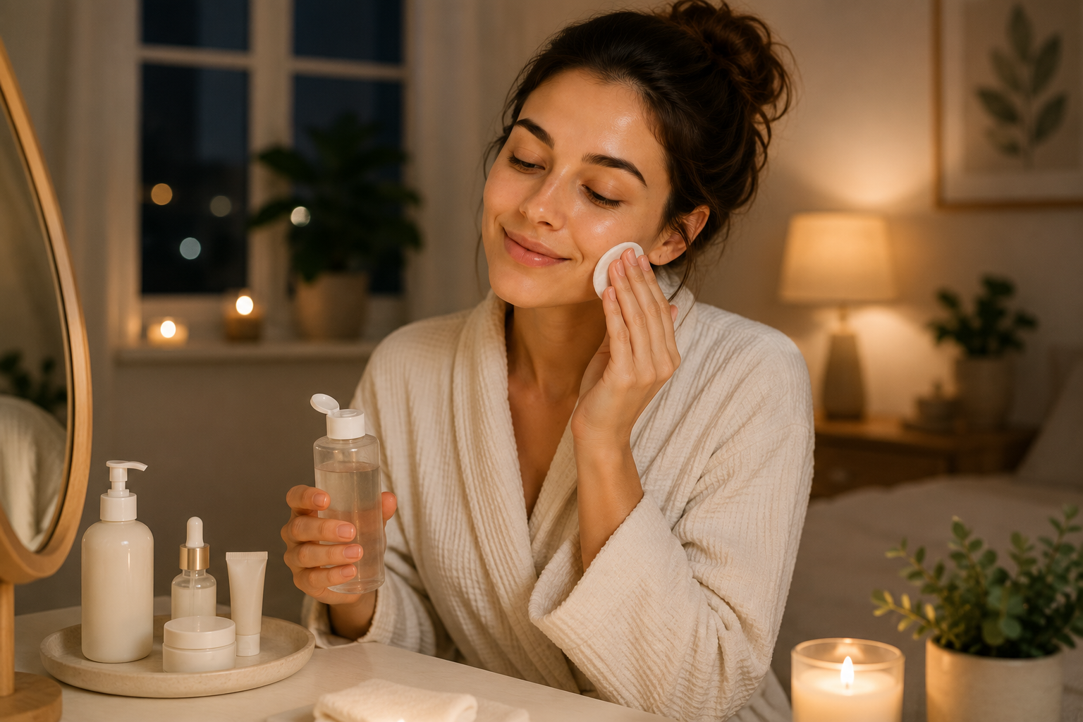 Woman removing makeup with a cotton pad during a nighttime skincare routine in a cozy room with soft lighting and skincare products.