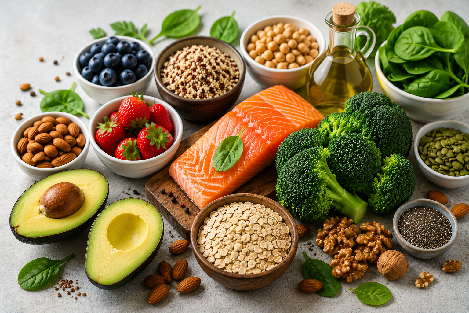 Salmon, avocado, olive oil, nuts, seeds, and leafy greens displayed on a table as examples of healthy fats and protein rich foods that support overall wellness.