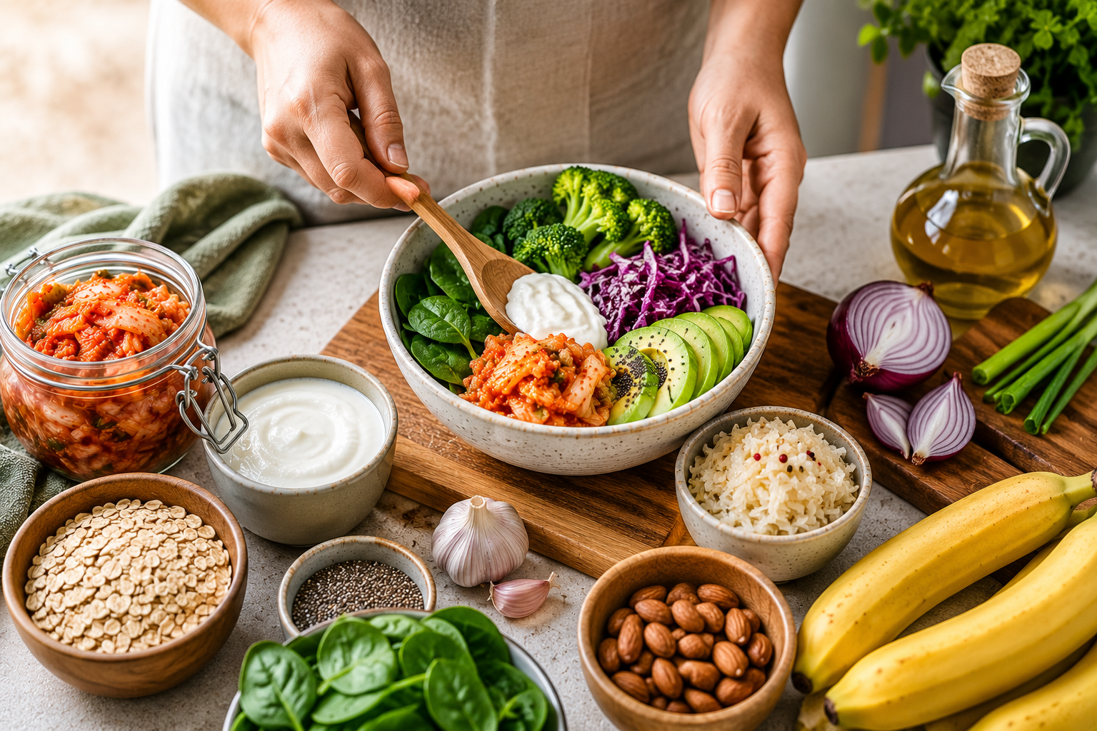 Person preparing a gut healthy meal with yogurt, kimchi, sauerkraut, avocado, spinach, broccoli, bananas, oats, garlic, onions, chia seeds, and almonds in a modern kitchen.