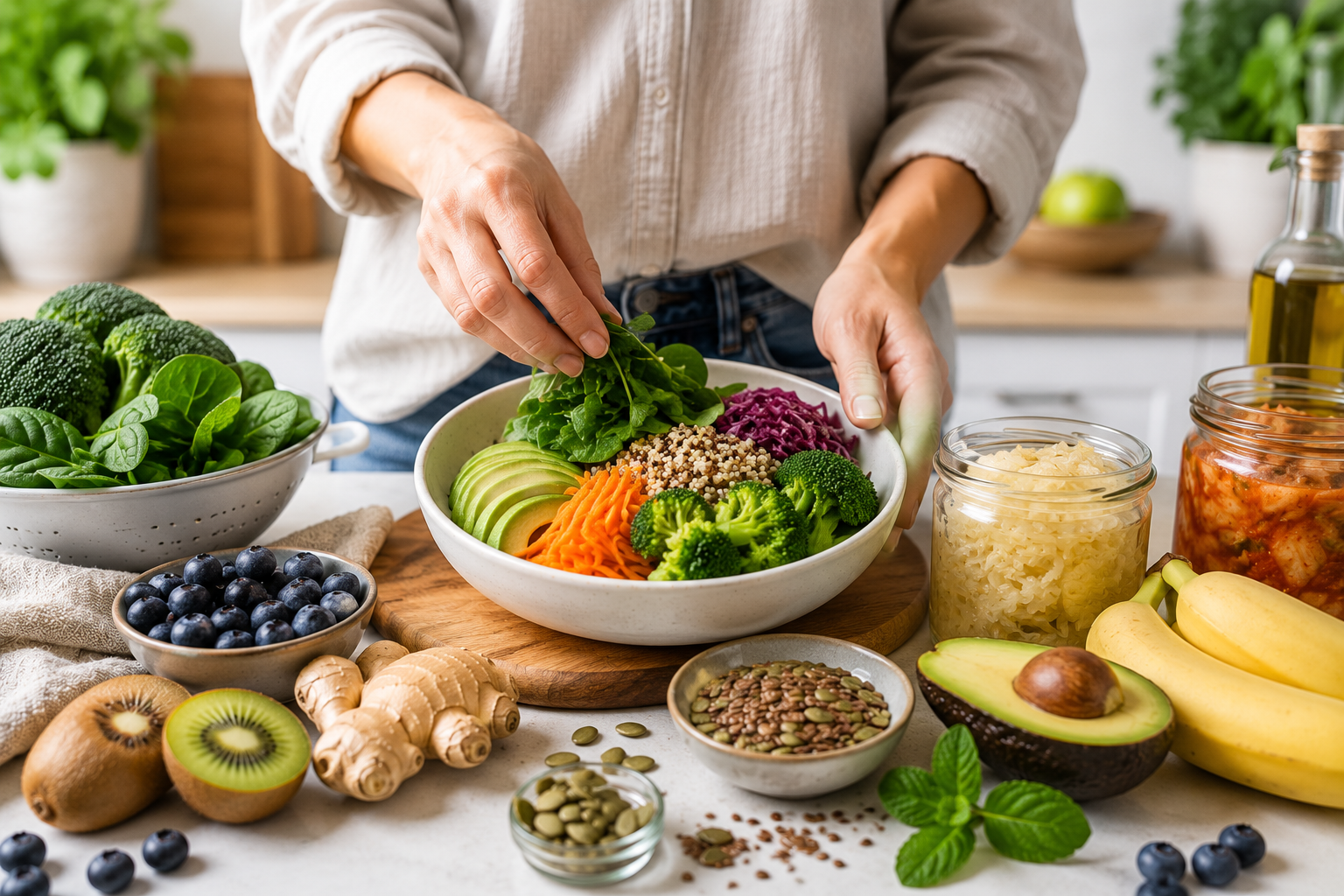 Person preparing a healthy meal with leafy greens, quinoa, avocado, broccoli, fermented vegetables, berries, kiwi, ginger, and seeds to support healthy digestion and gut health.