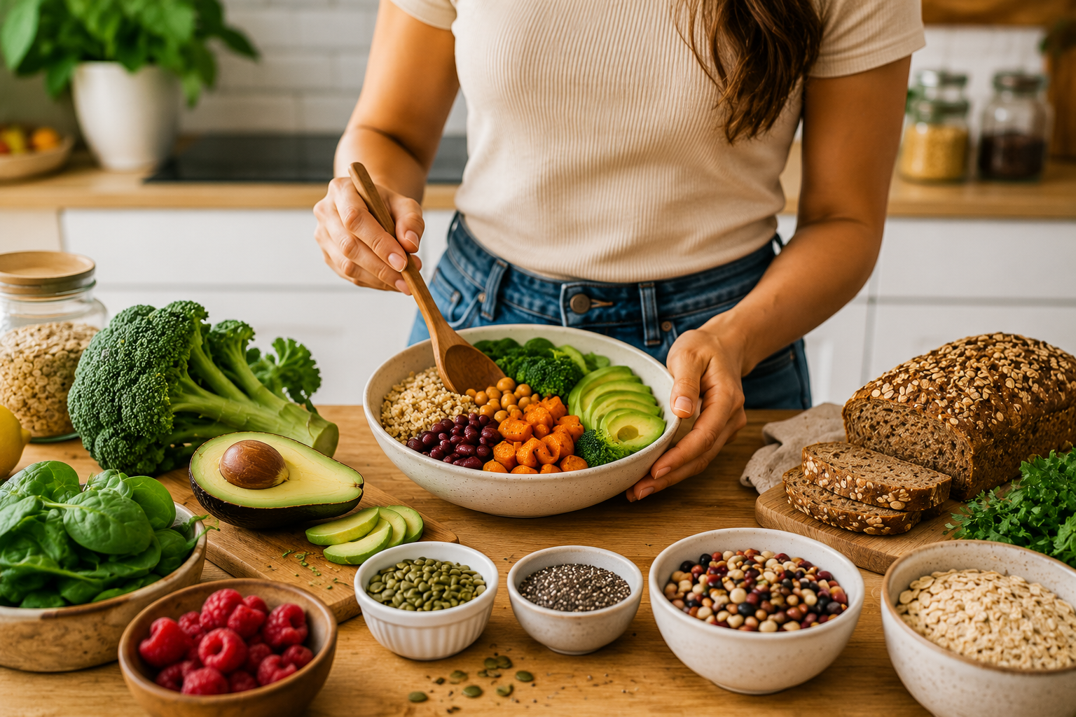 Person preparing a high fiber meal with quinoa, beans, avocado, broccoli, oats, seeds, berries, spinach, and whole grain bread in a modern kitchen.
