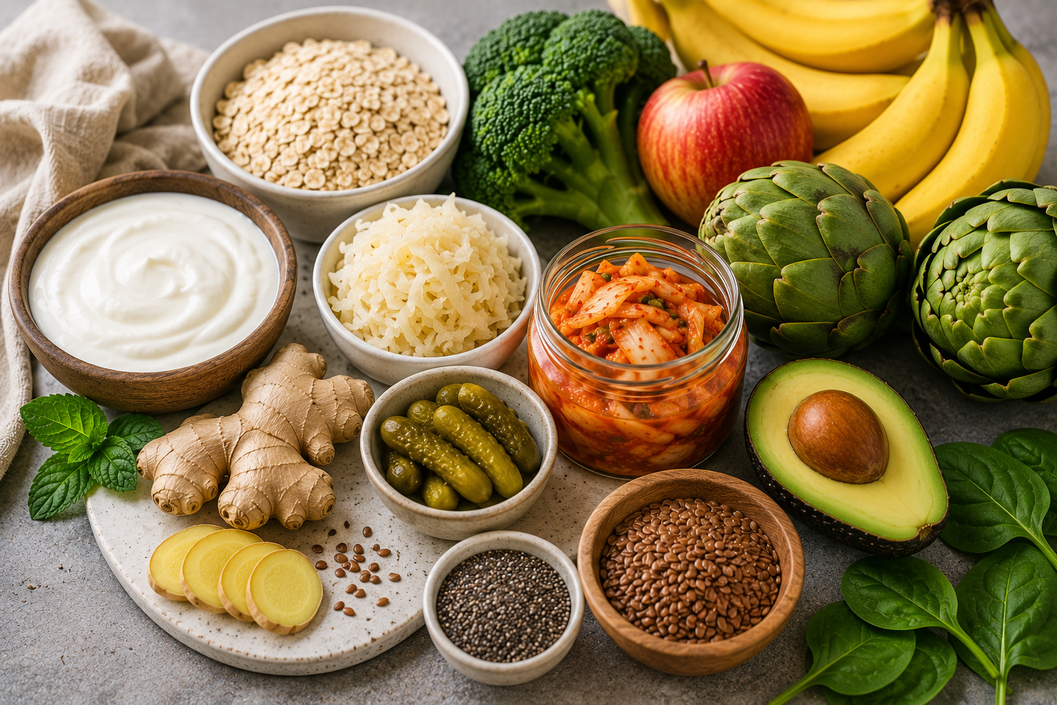 Probiotic and fiber rich foods including yogurt, kimchi, sauerkraut, oats, ginger, avocado, bananas, broccoli, artichokes, flax seeds, and chia seeds displayed on a table.