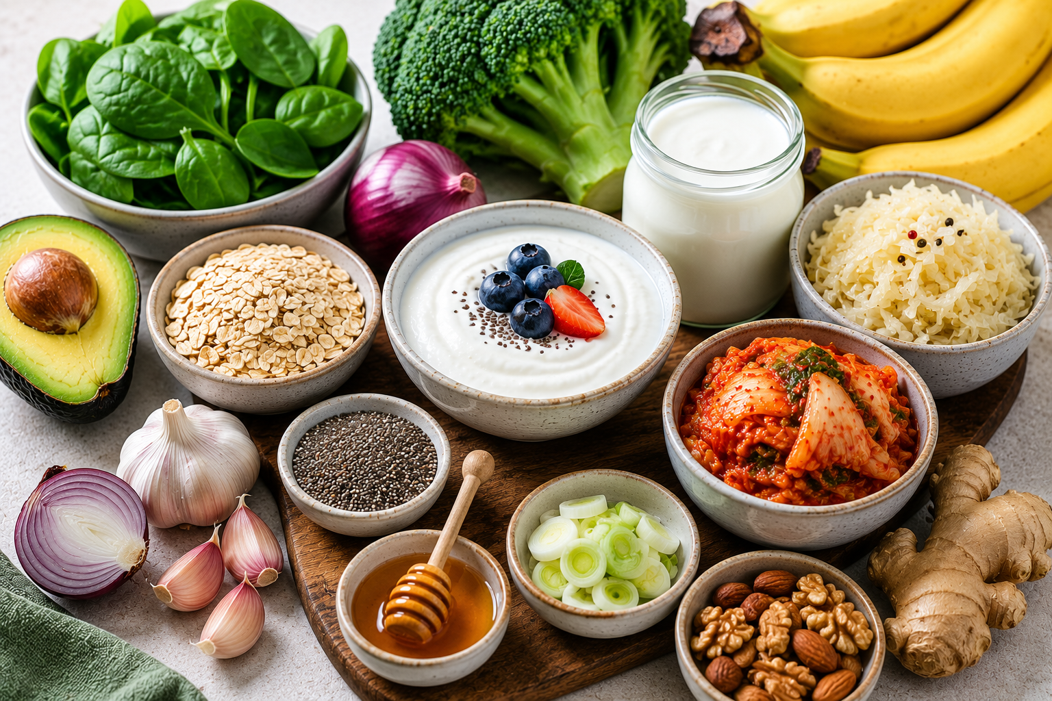 A variety of probiotic and prebiotic foods including yogurt, kimchi, sauerkraut, bananas, oats, spinach, avocado, garlic, onions, ginger, nuts, seeds, and broccoli arranged on a table.